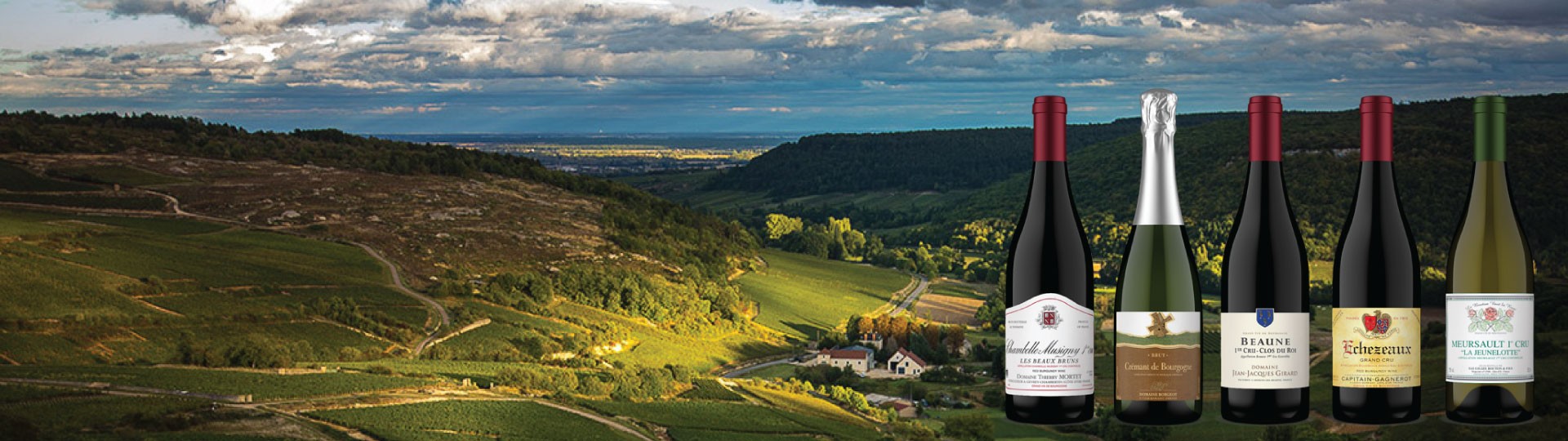5 Burgundy wines are superimposed over a small winemaking village in Burgundy, France.